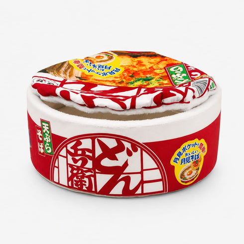 Panier original pour chat en forme de bol de nouilles japonaises rouge avec couvercle rembourré et intérieur doux pour un confort optimal.