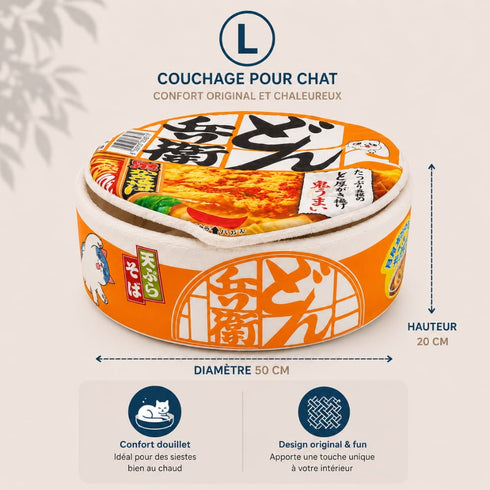 Schéma dimensions du panier original pour chat inspiré d’un bol de nouilles japonaises orange, taille L de 50 cm de diamètre et 20 cm de hauteur.
