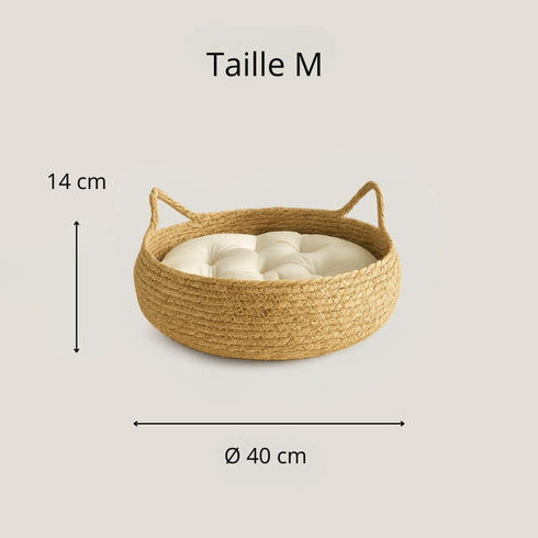 Schéma des dimensions du panier à chat en osier (taille S) : diamètre 40 cm et hauteur 14 cm.