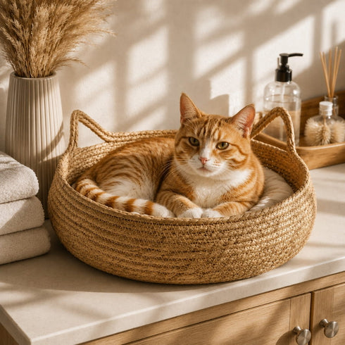 Chat roux installé dans un panier à chat imitation osier beige, posé dans une salle de bain lumineuse à l’ambiance chaleureuse et apaisante.
