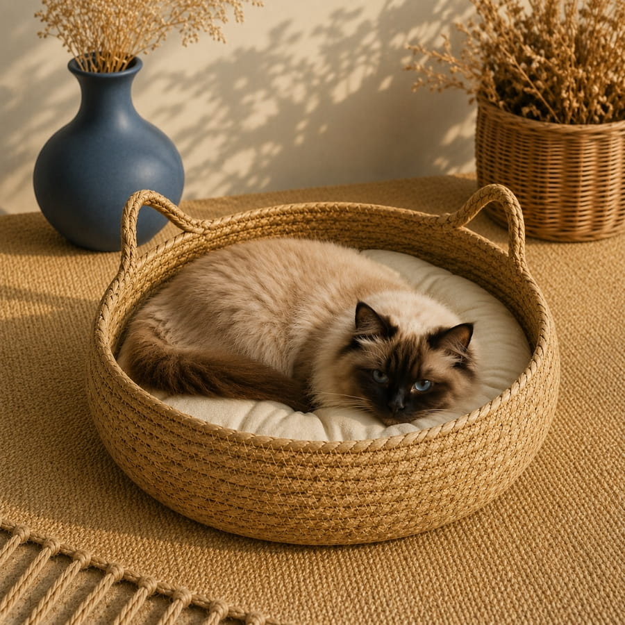 Chat à poils longs allongé dans un panier à chat imitation osier beige avec coussin crème, dans une ambiance bohème et chaleureuse.