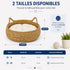 Guide des tailles du panier à chat en osier naturel avec coussin crème moelleux, disponible en S et M pour un couchage confortable et apaisant.