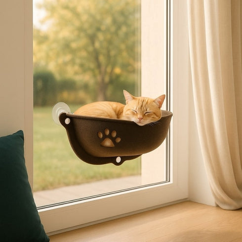 Panier de fenêtre pour chat en tissu feutré gris foncé, fixé par ventouses sur une vitre, avec motif patte ajouré et un chat roux reposant à l’intérieur dans les tons chauds.