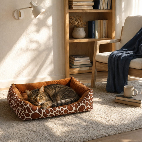 Chat allonge dans un panier chat xxl avec motifs marron style savane et rebords rembourres, installe dans un salon lumineux et cosy