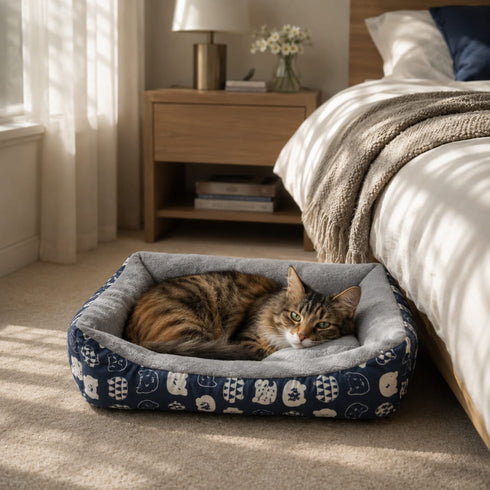 Chat tigré reposant dans un panier chaud pour chat bleu et gris, placé au pied d’un lit dans une chambre cosy et apaisante.