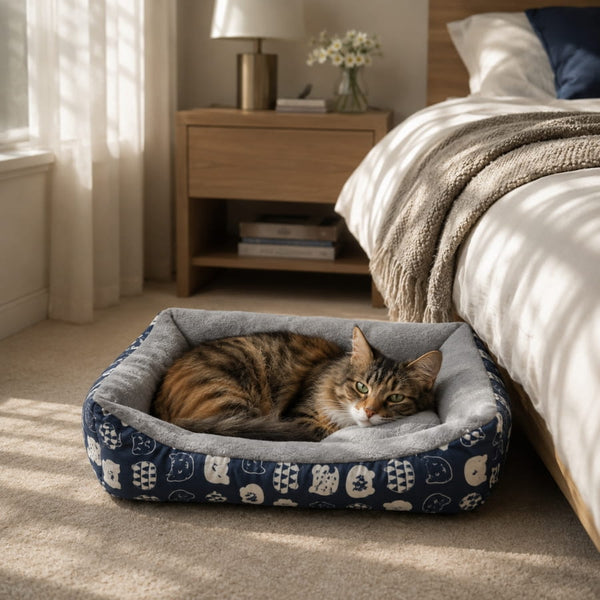 Chat tigré reposant dans un panier chaud pour chat bleu et gris, placé au pied d’un lit dans une chambre cosy et apaisante.