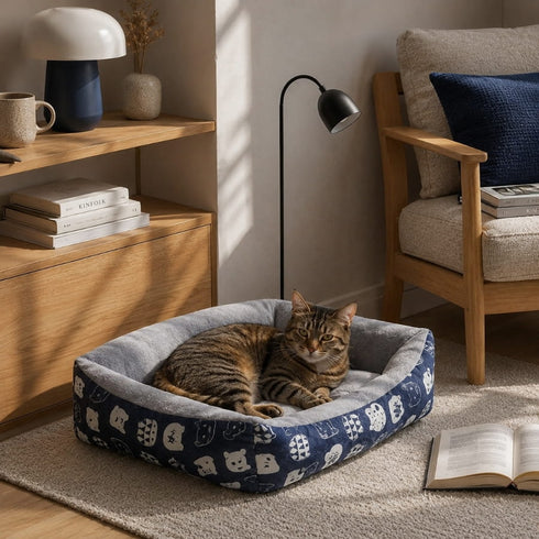 Chat tigré installé dans un panier chaud pour chat bleu à motifs, dans un salon chaleureux avec fauteuil et lumière douce.