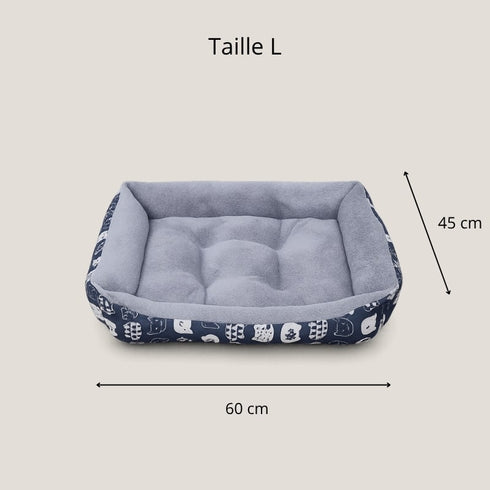 Panier chaud pour chat taille L bleu avec coussin épais, dimensions 60 x 45 cm pour visualiser l’encombrement.