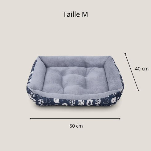 Panier chaud pour chat taille M bleu avec coussin épais, dimensions 50 x 40 cm indiquées pour visualiser l’encombrement.