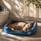 Chat allongé dans un panier chauffant pour chat bleu et gris, moelleux et confortable, installé dans un intérieur lumineux.