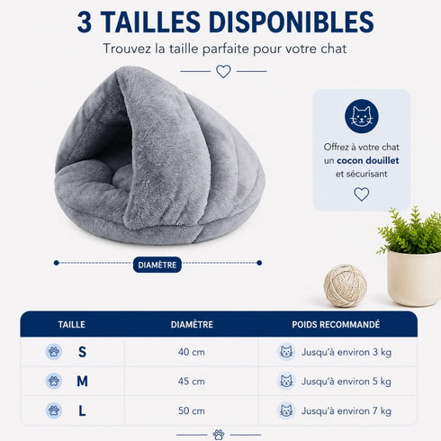 Guide des tailles du panier chauffant pour chat en peluche grise, disponible en S, M et L pour offrir un cocon chaud, doux et réconfortant.