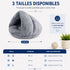 Guide des tailles du panier chauffant pour chat en peluche grise, disponible en S, M et L pour offrir un cocon chaud, doux et réconfortant.