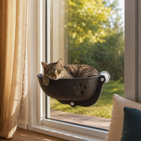 Chat tigré allongé dans un panier de fenêtre noir pour chat fixé à la vitre avec ventouses.