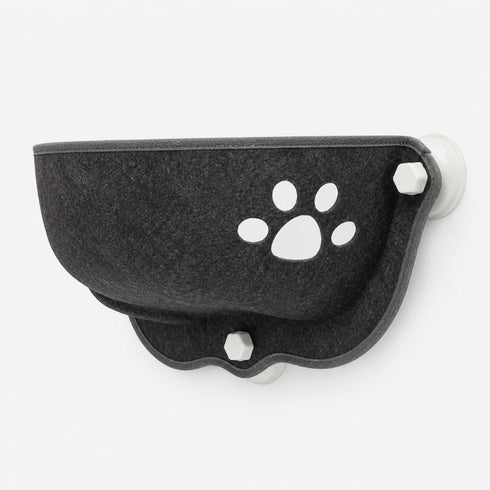 Panier de fenêtre gris foncé pour chat avec fixation par ventouses et design ajouré en forme de patte.