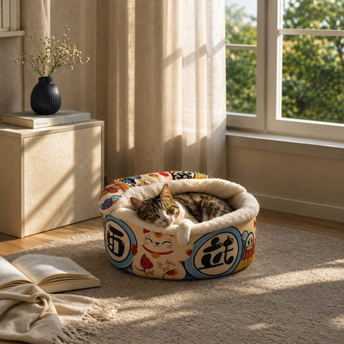 Chat repose dans un panier ferme pour chat avec interieur en peluche douce et motifs colores, installe dans un salon lumineux et chaleureux