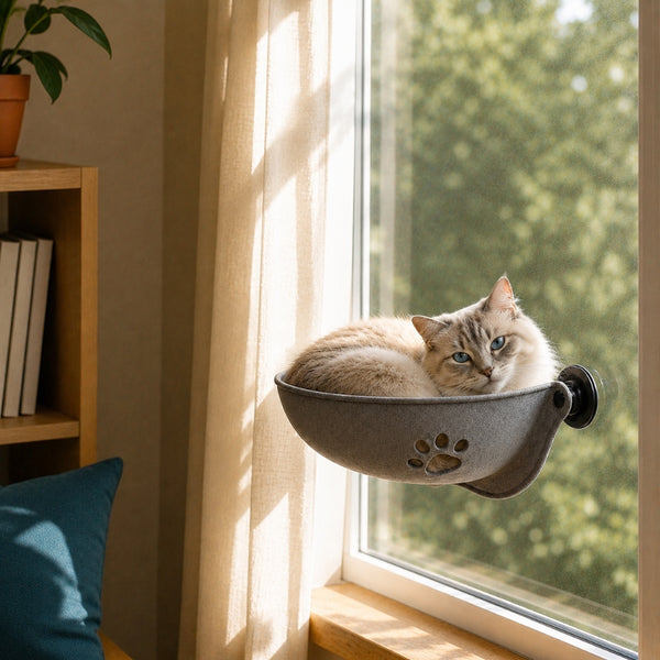 Chat beige aux yeux bleus installé dans un panier pour chat en hauteur fixé à une fenêtre avec ventouse dans un salon lumineux.