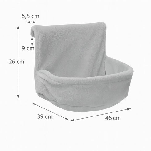 Panier radiateur pour chat gris clair avec dimensions détaillées, largeur 46 cm et hauteur 26 cm.