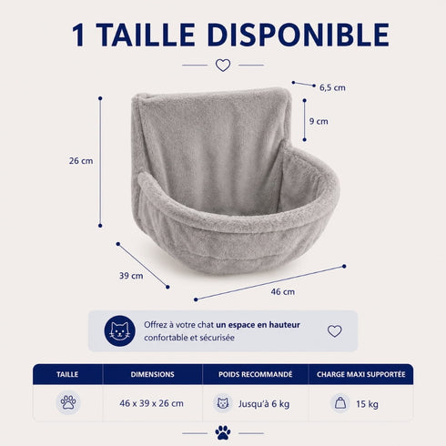 Dimensions visibles sur l’image du panier radiateur pour chat en peluche grise, couchage suspendu de 46 x 39 x 26 cm recommandé jusqu’à 6 kg.