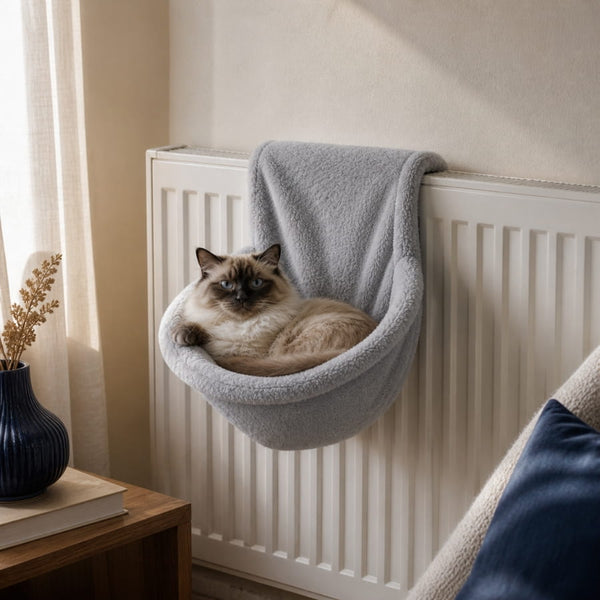 Panier radiateur pour chat en tissu peluche gris clair, suspendu sur un chauffage pour offrir un couchage chaud et confortable en hiver.