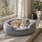 Panier rond pour chat gris en peluche douce avec chat allongé près d’une fenêtre lumineuse dans une ambiance calme et chaleureuse.