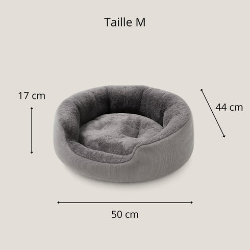 Panier rond pour chat gris en taille M avec rebords épais et coussin moelleux, dimensions 50 cm de diamètre, 44 cm de largeur et 17 cm de hauteur.