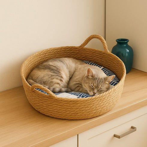Panier rond en osier beige avec coussin bleu, posé sur un plan de travail de cuisine.
