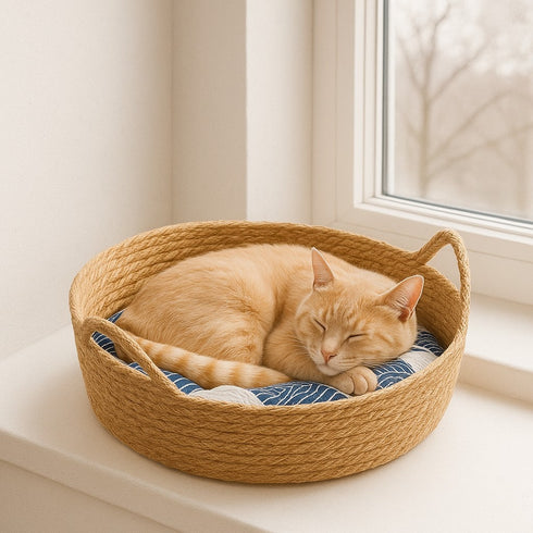 Panier rond en osier beige avec coussin bleu, posé sur un rebord de fenêtre.