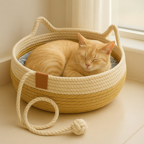 Chat endormi dans un panier rond beige posé sur un banc de fenêtre, ambiance cosy.