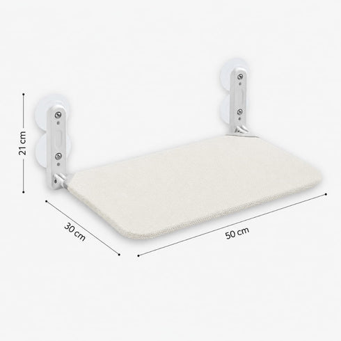 Perchoir de fenêtre pour chat en tissu beige avec dimensions indiquées : 50 cm de longueur, 30 cm de profondeur et 21 cm de hauteur.