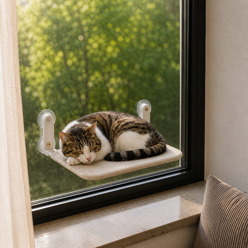 Perchoir pour chat de fenêtre en tissu beige avec fixation ventouse, installé en intérieur pour offrir un espace repos confortable.
