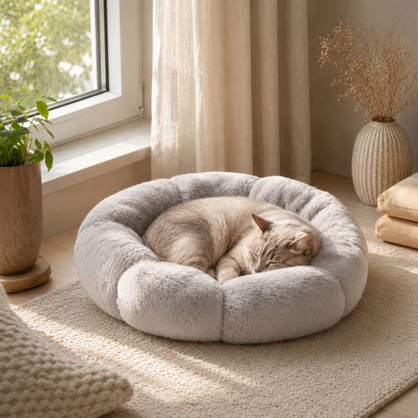 Chat beige endormi dans un petit coussin gris ultra moelleux, installé près d’une fenêtre dans un intérieur chaleureux et lumineux.