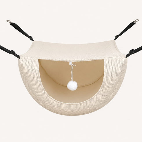Petit hamac suspendu pour chat beige avec forme cocon, sangles réglables et ouverture frontale confortable, idéal pour fixation sous chaise ou table.