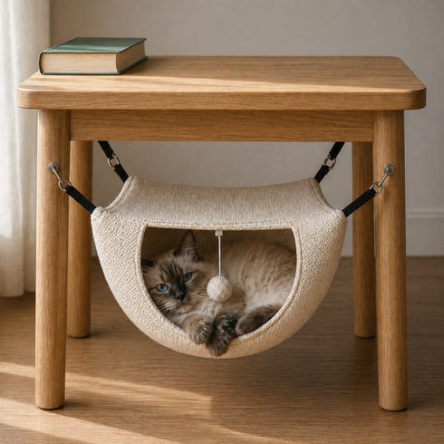 Petit hamac suspendu pour chat fixé sous une table en bois, avec chat confortablement installé dans une niche suspendue douce et cocooning pour intérieur chaleureux.