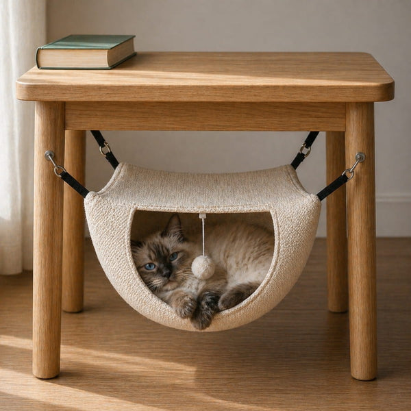 Petit hamac suspendu pour chat fixé sous une table en bois, avec chat confortablement installé dans une niche suspendue douce et cocooning pour intérieur chaleureux.