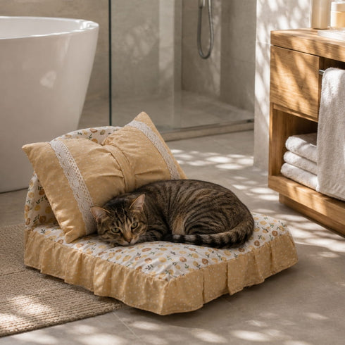 Chat tigré couché sur un petit lit pour chat jaune à motifs floraux avec coussin assorti, dans une salle de bain lumineuse et chaleureuse.