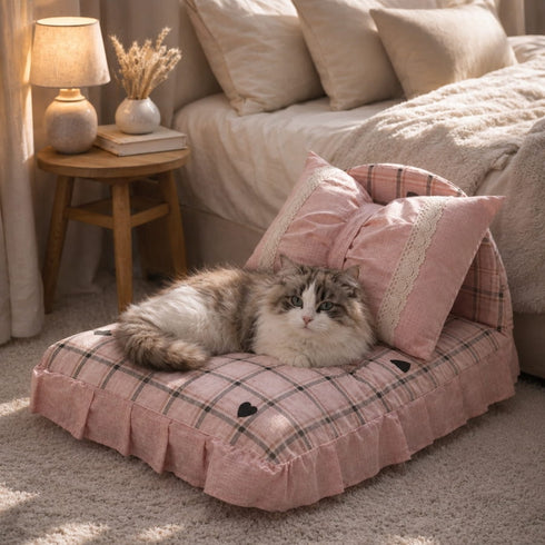 Chat à poils longs allongé sur un petit lit pour chat rose à carreaux avec coussins décoratifs, dans une chambre chaleureuse et cosy.