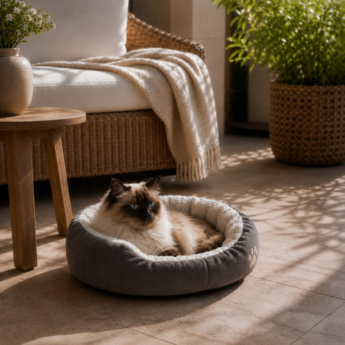 Petit panier pour chat gris en tissu peluche avec intérieur doux, installé dans un salon lumineux pour un espace cocooning confortable.