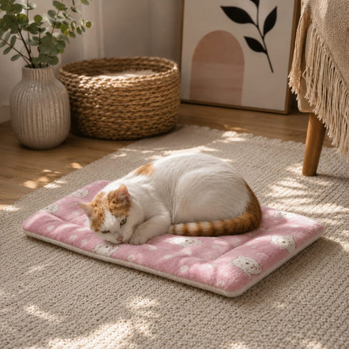 Petit tapis pour chat rose et blanc avec motifs doux, utilisé par un chat blanc et roux dans un intérieur chaleureux et apaisant