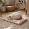 Petit tapis pour chat rose et blanc avec motifs doux, utilisé par un chat blanc et roux dans un intérieur chaleureux et apaisant