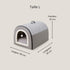 Petite maison pour chat en tissu gris, taille L, avec dimensions indiquées 50 cm de longueur, 40 cm de largeur et 35 cm de hauteur, couchage fermé pour l’intérieur.
