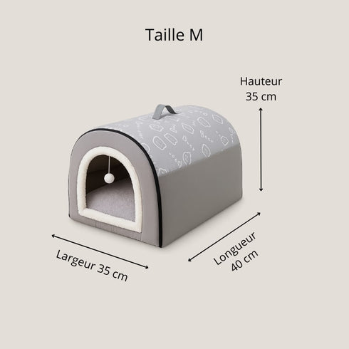 Petite maison pour chat en tissu gris, taille M, avec dimensions indiquées 40 cm de longueur, 35 cm de largeur et 35 cm de hauteur, couchage fermé pour l’intérieur.