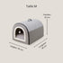 Petite maison pour chat en tissu gris, taille M, avec dimensions indiquées 40 cm de longueur, 35 cm de largeur et 35 cm de hauteur, couchage fermé pour l’intérieur.