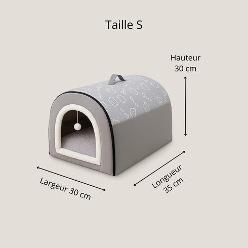 Petite maison pour chat en tissu gris, taille S, avec dimensions indiquées 35 cm de longueur, 30 cm de largeur et 30 cm de hauteur, couchage fermé pour l’intérieur.