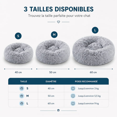 Guide des tailles du pouf pour chat en peluche grise avec modèles S, M et L, diamètres de 40 à 60 cm et poids recommandés selon le chat.
