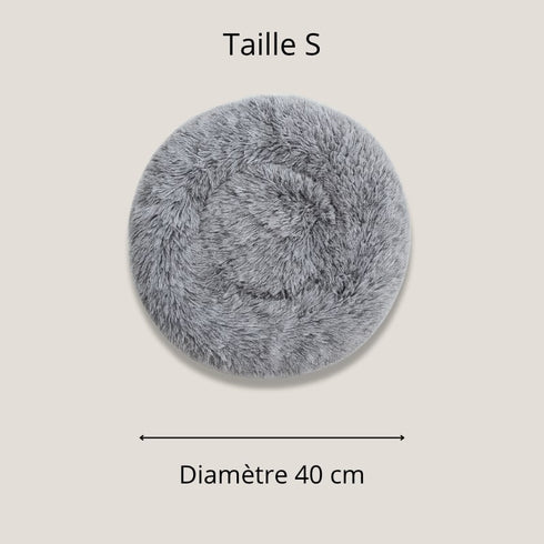 Pouf pour chat gris foncé en fausse fourrure, taille S, vue de dessus avec indication du diamètre 40 cm.