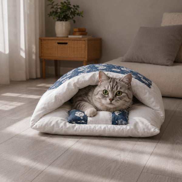 Chat installé dans un sac de couchage pour chat bleu et blanc avec coussin moelleux, couchage confortable et rassurant pour intérieur cosy.
