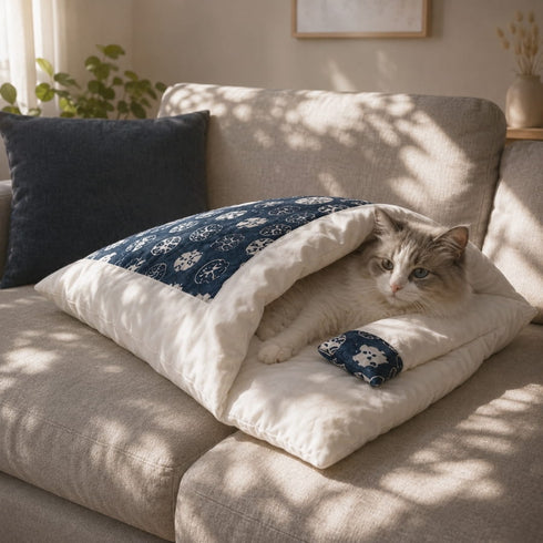 Chat allongé dans un sac de couchage pour chat blanc et bleu sur canapé, couchage doux et enveloppant pour un confort maximal à la maison.