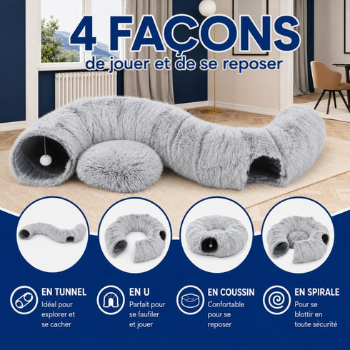 Tanière pour chat en peluche grise transformable en tunnel, spirale, coussin ou forme en U, offrant plusieurs espaces de jeu, d’exploration et de repos.