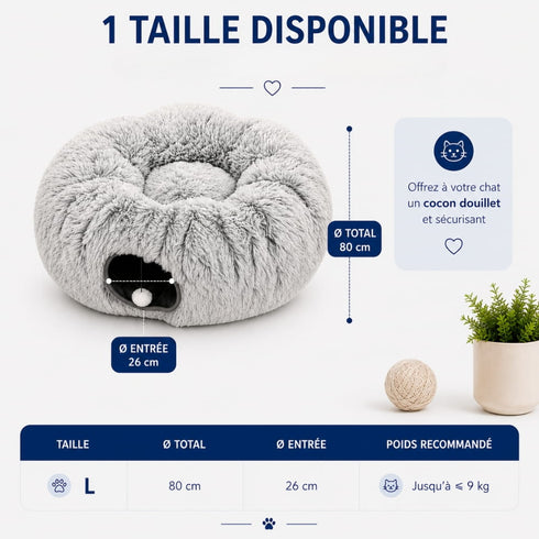 Guide des dimensions de la tanière pour chat en peluche grise avec tunnel circulaire, diamètre total de 80 cm et entrée de 26 cm pour chats jusqu’à 9 kg.