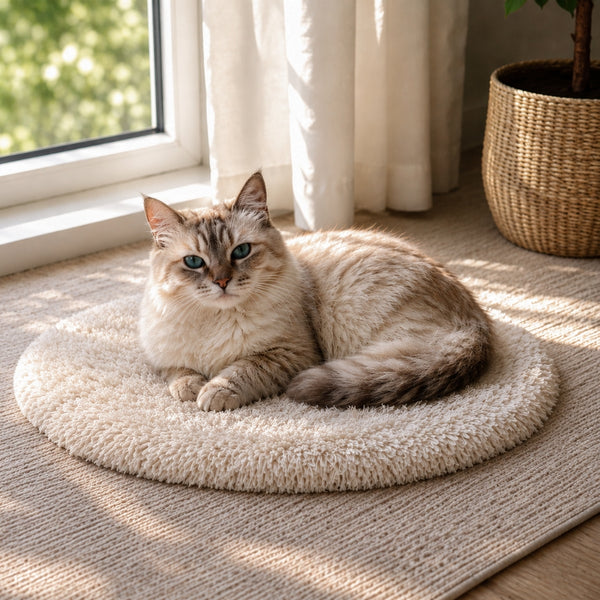 Tapis apaisant rond pour chat en peluche crème avec chat aux yeux bleus installé près d’une fenêtre dans une ambiance douce et relaxante